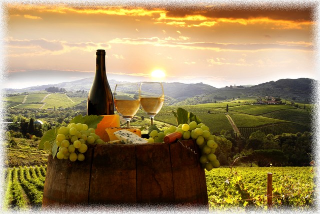 Chianti landscape with bottle of wine in Italy